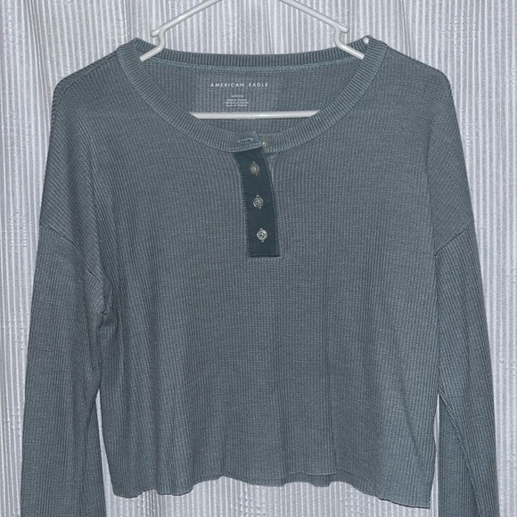 American Eagle Outfitters Tops - American Eagle Shirt Womens Medium Green Waffle Knit Cropped Henley Streetwear